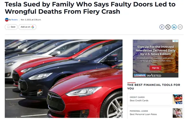 特斯拉遭诉讼:Model S事故后起火 车门无法打开致5人死亡