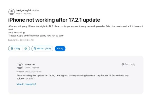 iOS 17更新遭遇严重BUG 无法打电话、上网