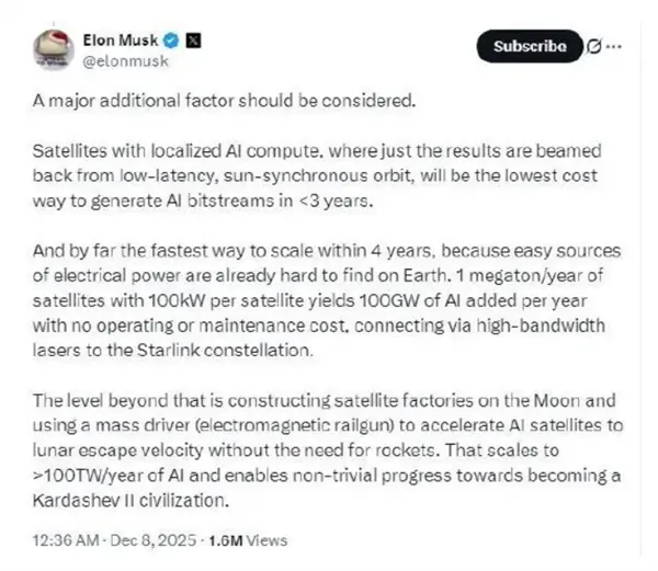 马斯克谈每年发射100万吨AI卫星:大规模运行AI最低成本方式