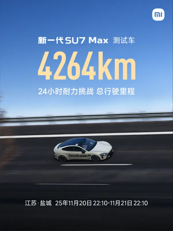 超YU7！新一代小米SU7 Max 24小时耐力挑战达4264km