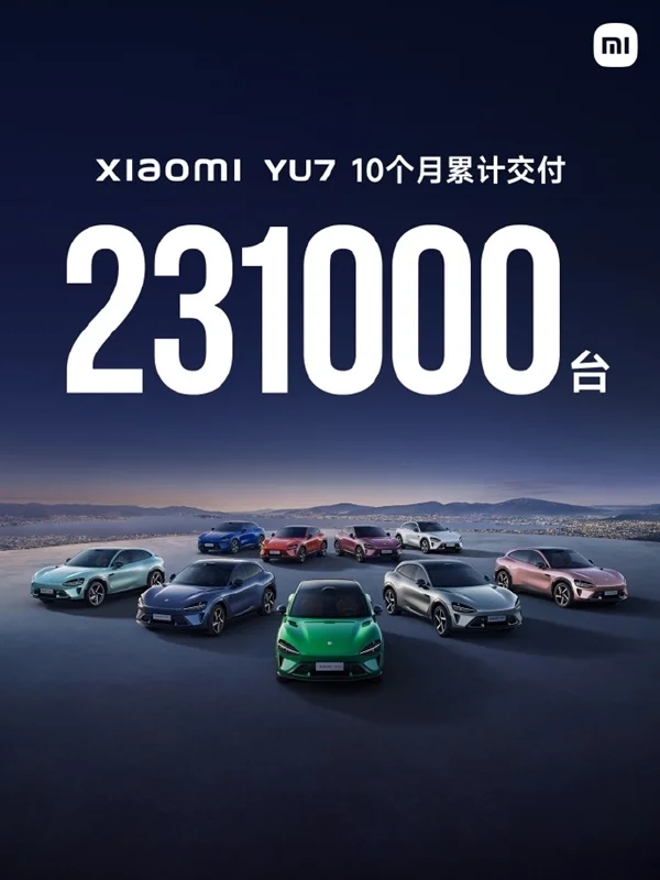 雷军：小米YU7 10个月累计交付231000台