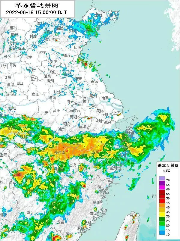 6月19日晚，主雨带已来到江西浙江