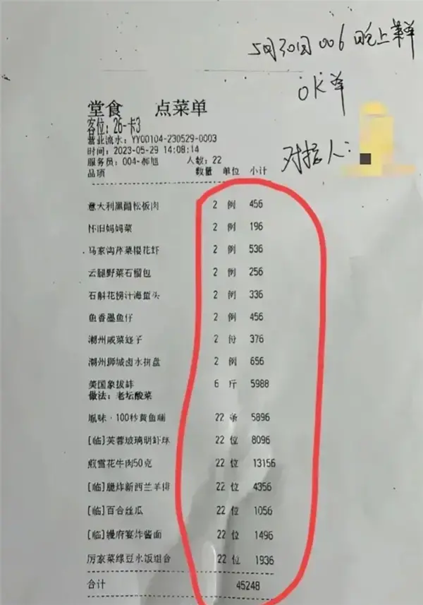 网传马斯克晚宴点单小票