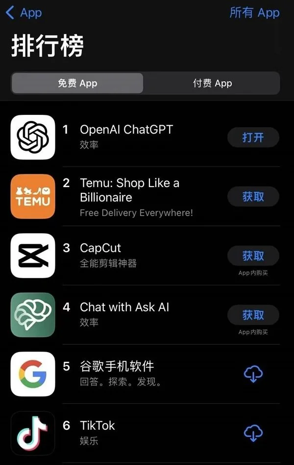 ChatGPT荣登iOS免费App排行榜榜首，助力全球用户高效获取知识与灵感