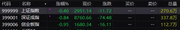 三大指数集体低开：沪指跌0.40%，算力、智能驾驶等板块指数跌幅居前
