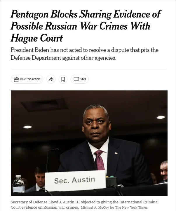 《纽约时报》：五角大楼阻止拜登政府与海牙法院分享俄罗斯“战争罪”证据