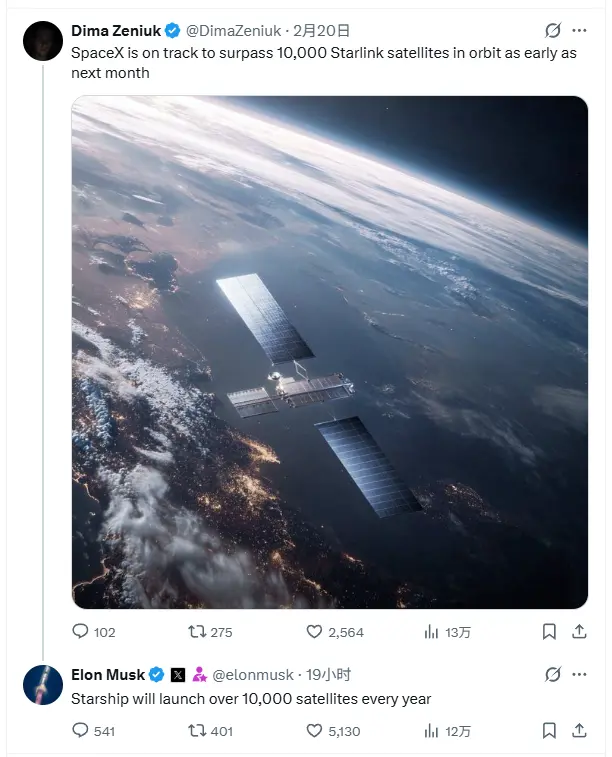 馬斯克“放衛星”：星艦每年將發射超過10000顆衛星