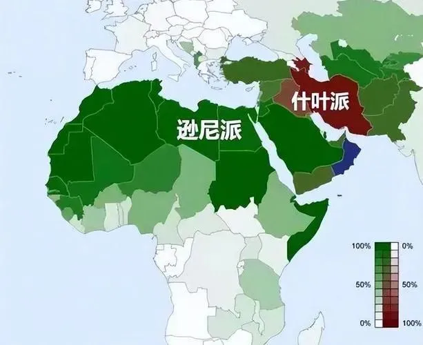 中东和非洲穆斯林人口主要分布图(绿色为逊尼派,棕色为什叶派)
