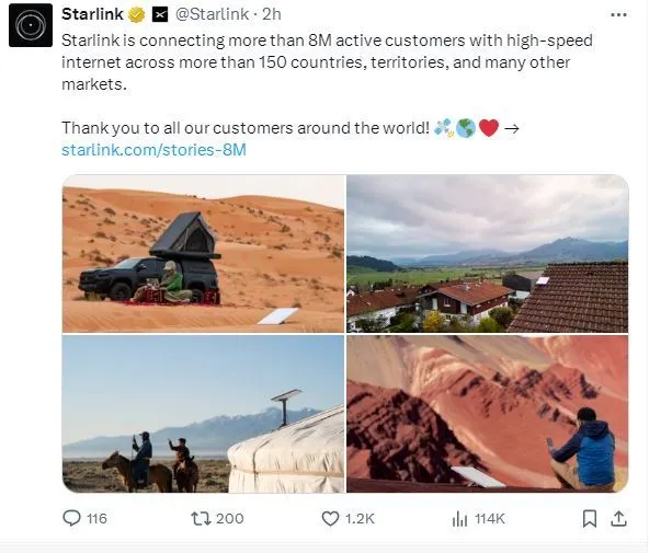 马斯克“星链”全球用户数量突破800万 平均日增14250个新用户