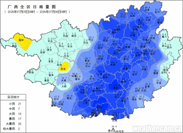 ◉广西全区日雨量图（2026年7月5日8时-2026年7月6日8时）。图源：广西壮族自治区气象局