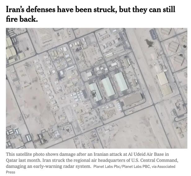 △《紐約時報》報道，伊朗防空雖被打擊，但仍具備反擊能力。