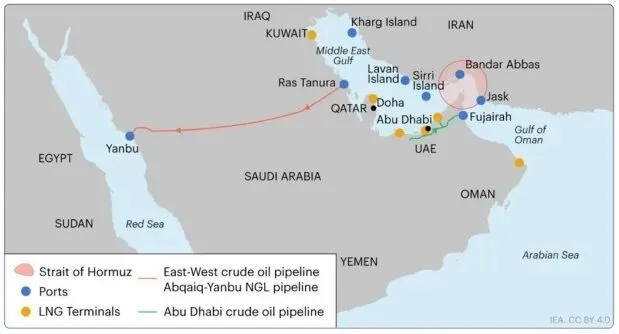 霍爾木茲海峽的潛在替代路線（紅線：阿布凱克-延佈管道系統；綠線：阿布達比原油管道）
