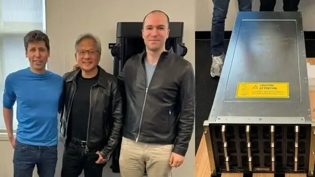 NVIDIA CEO Jensen Huang hand delivers the first DGX H200 AI GPU to Open AI's Sam Altman