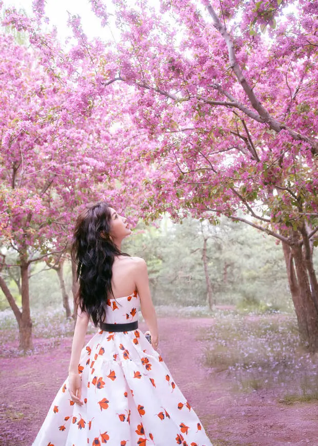 毛晓彤在公园里赏花，心情愉悦。