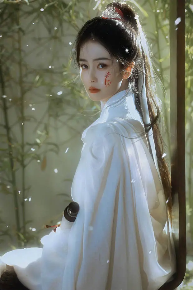 白鹿在竹林飞雪中回眸，清冷决绝。