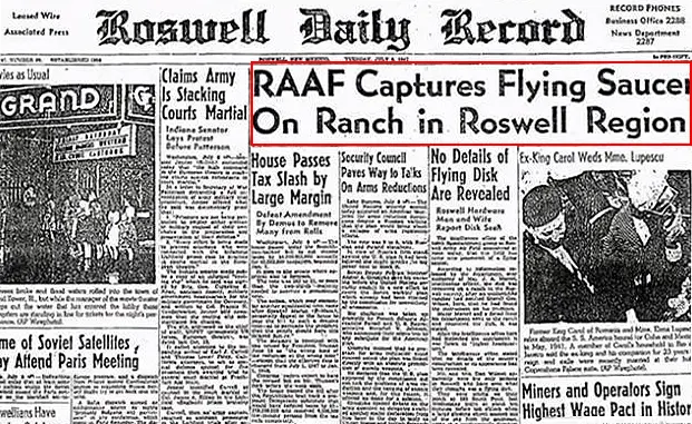罗斯威尔陆军空军基地（Roswell Army Air Field，简称RAAF）捕获罗斯威尔地区牧场上的飞行碟状物