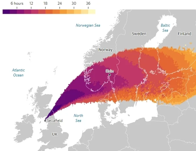 模型显示，放射性云或在不到12小时内到达挪威海岸。《卫报》制图
