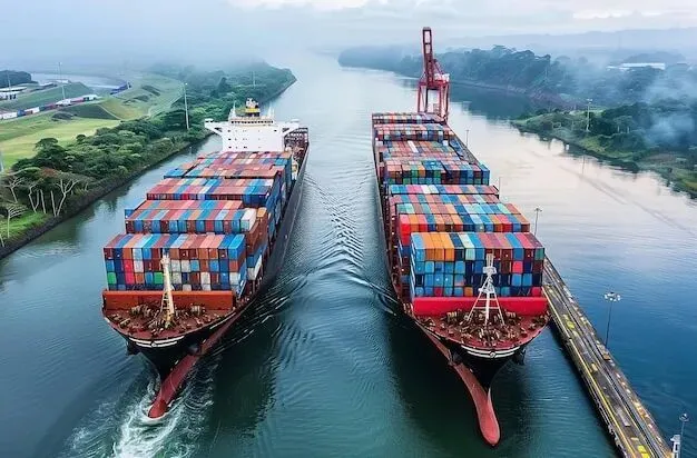Two Cargo Ships Passing Through the Panama Canal with Colorful ...