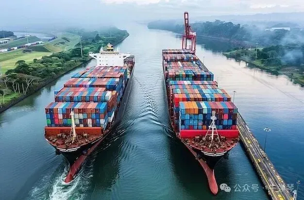 Two Cargo Ships Passing Through the Panama Canal with Colorful ...