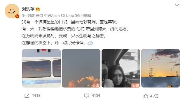 刘浩存唯美文案被指抄袭 本人发文否认:我自己写的