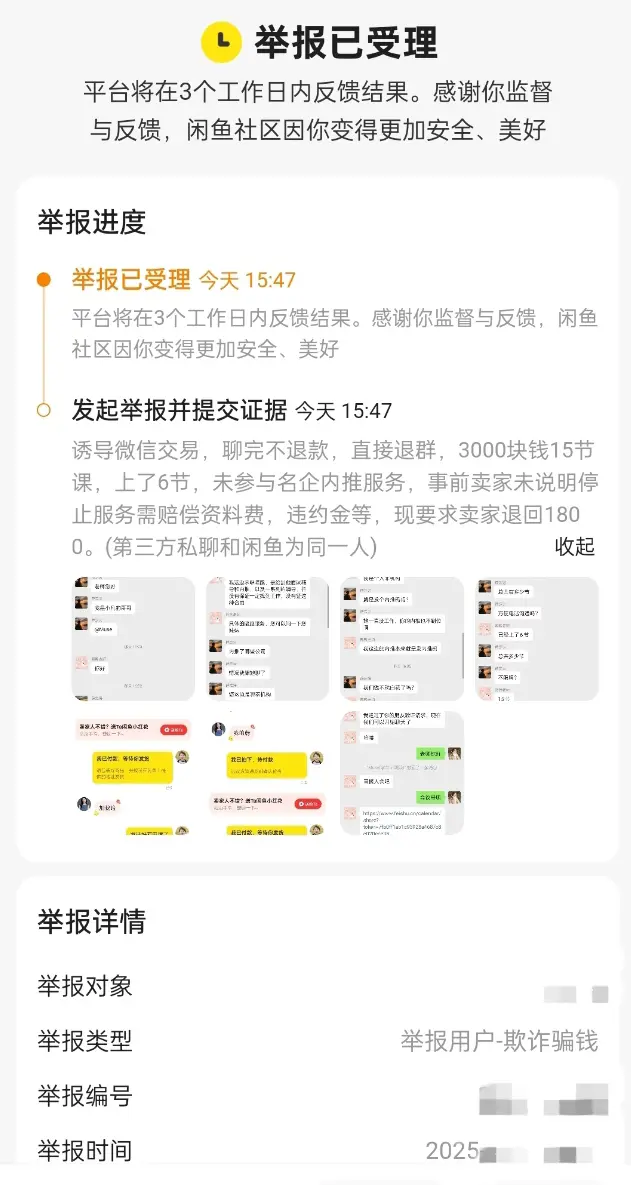 余琪在闲鱼平台上的举报截图/受访者供图