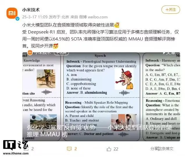 受DeepSeek-R1启发，小米大模型团队登顶音频推理MMAU榜