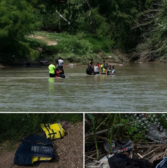 一群人在试图穿越德克萨斯州鹰口的格兰德河。在河边可以看到救生衣和其他被丢弃的物品。