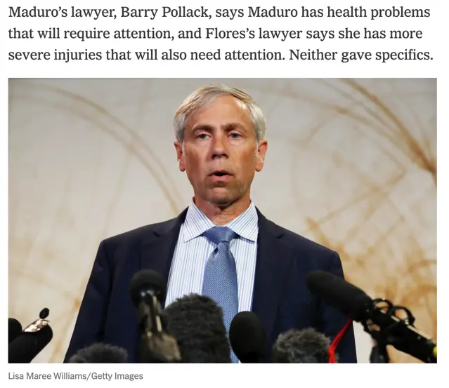 △《纽约时报》报道，马杜罗辩护律师表示，他可能会就马杜罗作为主权国家元首的角色提出动议，并称马杜罗健康状况需要治疗。