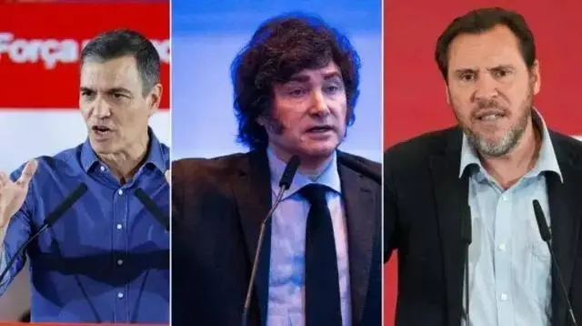 从左至右分别为：西班牙首相桑切斯、阿根廷总统米莱和西班牙交通部长奥斯卡·普恩特，截图自外媒