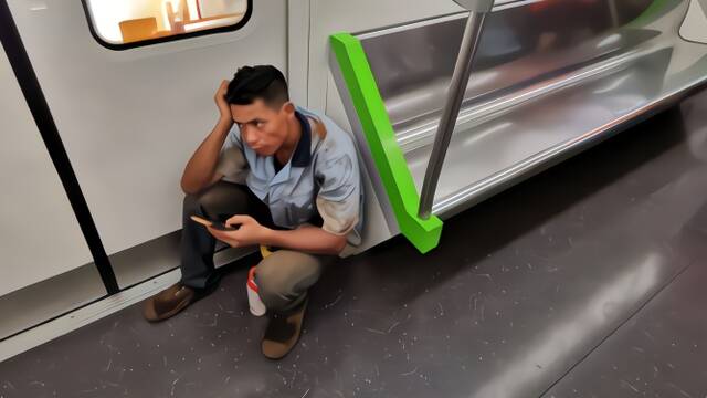 农民工乘地铁：不敢坐下