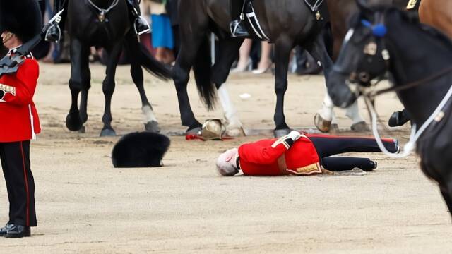 英女王生日阅兵 一警卫从马背上摔下