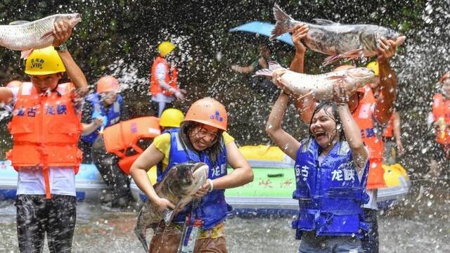 水库泄洪上万斤鱼出逃 民众下水捕鱼