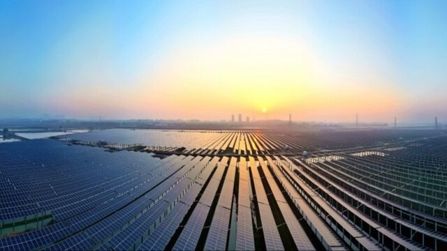 朝霞映光伏 生态新画卷