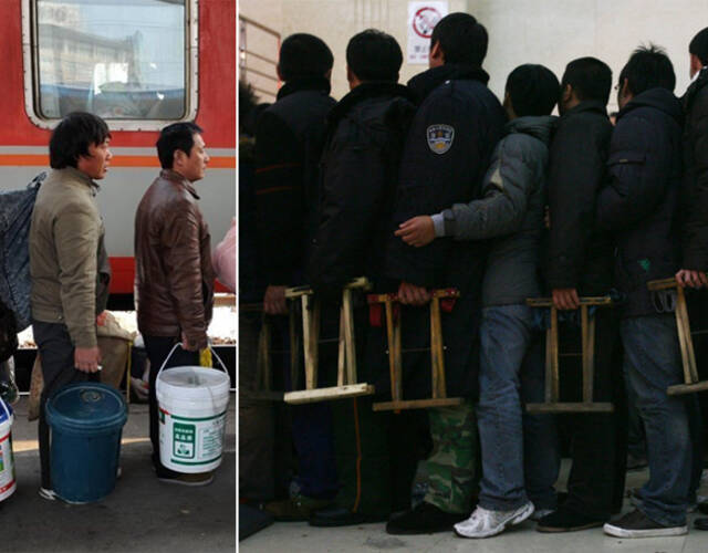左图:2011年1月21日,在浙江嘉兴火车站,一队衣着鲜亮的安徽籍务工人员
