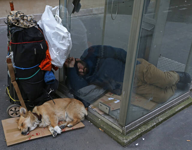 法国巴黎,一名流浪汉和狗在电话亭旁睡觉.摄于2013年