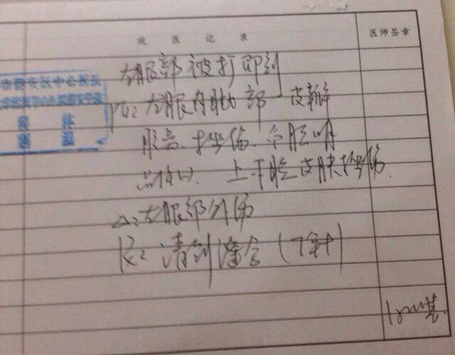 5日凌晨,该名医生经过验伤后,报告显示:右眼球钝挫伤,左眼睑软组织