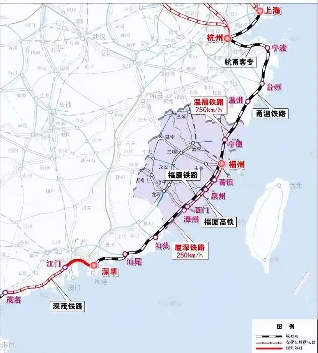 沿海通道(东南段)示意图。来源:《福建省中长期铁路网规划》