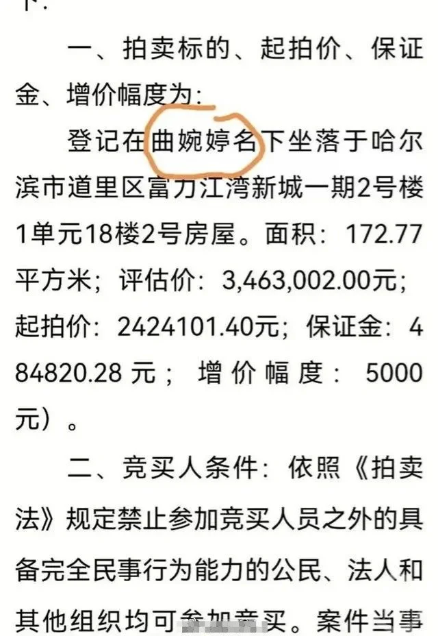 曲婉婷2套房产起拍价450万元