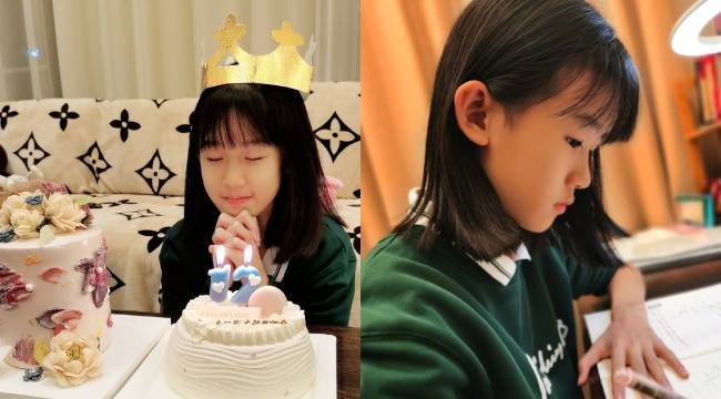 陸毅為女兒過12歲生日不忘作業,貝兒戴皇冠帽對蛋糕許願