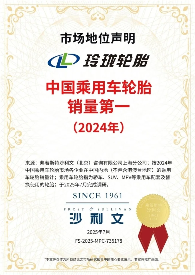 “双第一”地位持续保持 玲珑轮胎再获权威认证