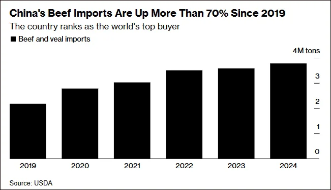 近年来，中国牛肉进口量不断增长 彭博社制图（下同）