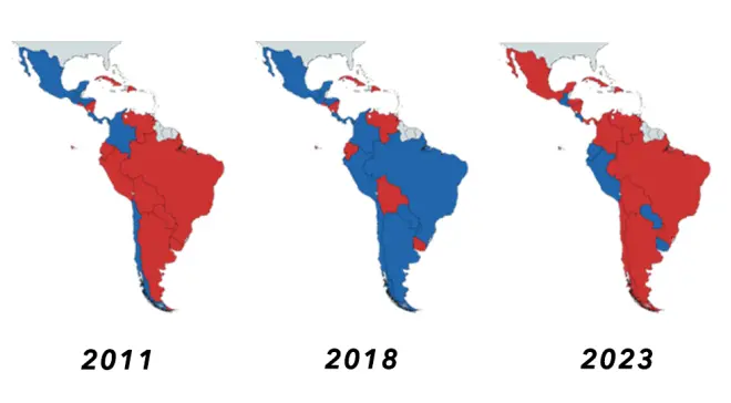 ▎“粉红浪潮”（2011年）、“蓝色浪潮”（2018年）、“粉红浪潮 2.0”（2023年），均处于各自浪潮的鼎盛时期。(图源：维基共享资源)