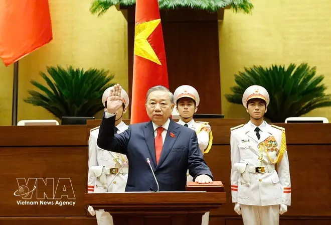 ▎2026年4月7日上午,越共中央總書記蘇林宣誓就職越南國家主席。圖源:越通社