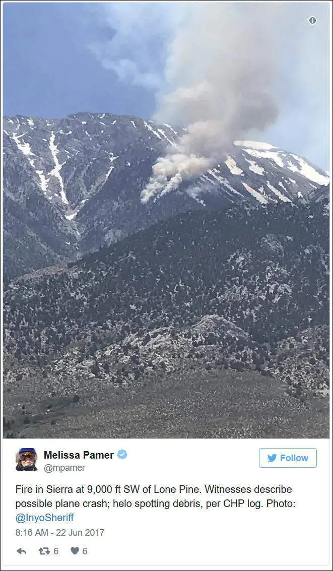 1名目击者将“全球鹰”无人机坠毁在加利福尼亚州惠特尼山的照片发布在推特上