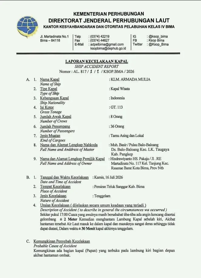 印尼交通部海事运输总局的事故调查报告部分截图
