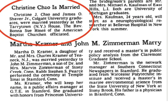 ▲1990年《纽约时报》刊登二人结婚消息。