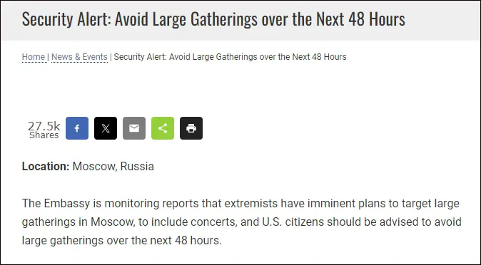 美国驻俄大使3月7日发布恐袭预警