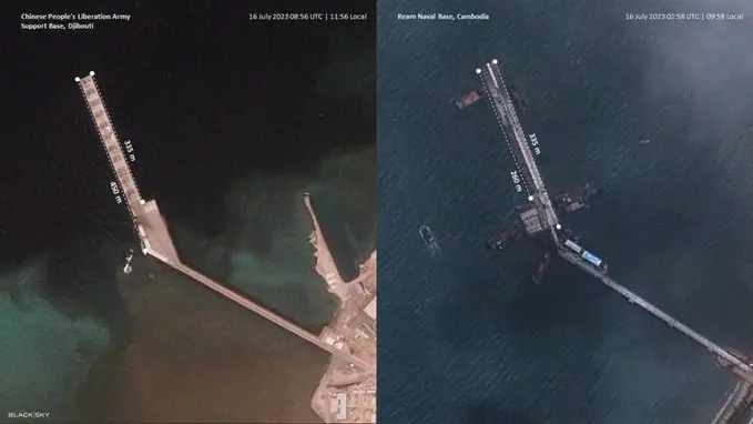 中国吉布提海军基地的码头和柬埔寨新基地的码头对比图 图源：BlackSky