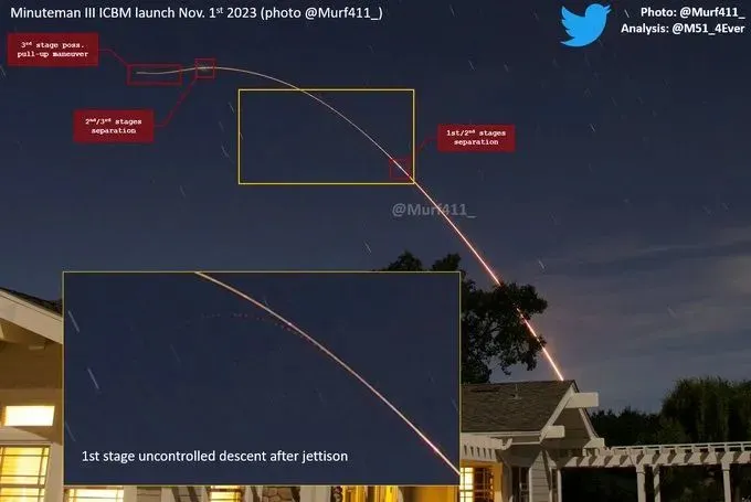 社交媒体流传的这张照片显示“民兵3”洲际导弹发射后的飞行轨迹不正常