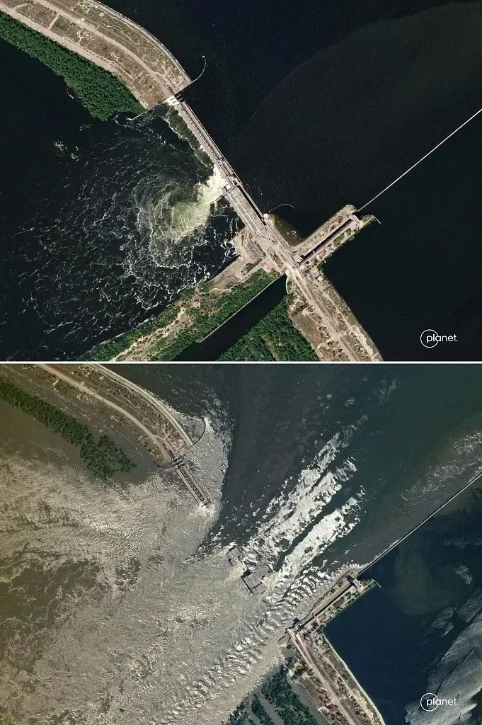 上图：当地时间6月4日，未受损的卡霍夫卡水电站；下图：6月6日，水流经受损的卡霍夫卡水电站。